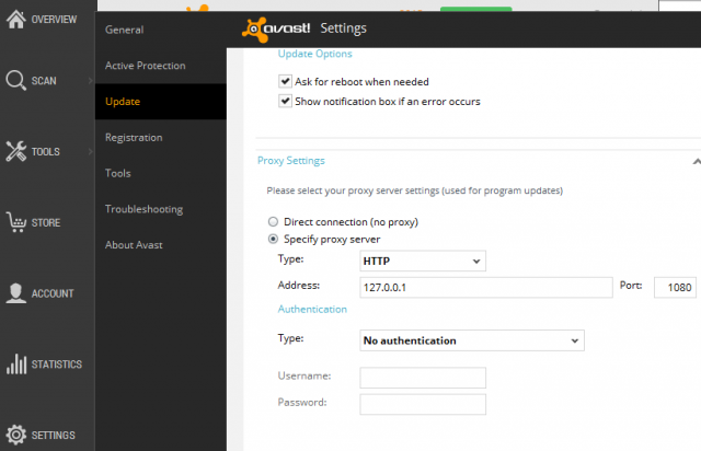 avast settings proxy http port authentication